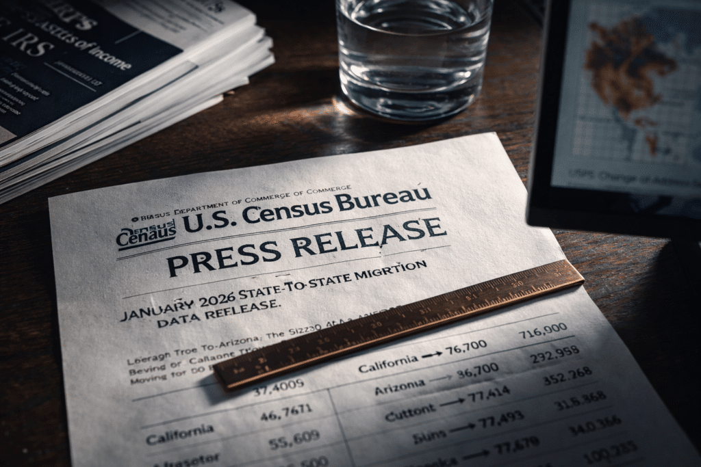 Census Bureau migration data document on desk showing California to Arizona relocation trends
