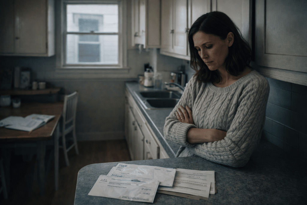 San Francisco homeowner reviewing bills in small kitchen before Arizona relocation decision