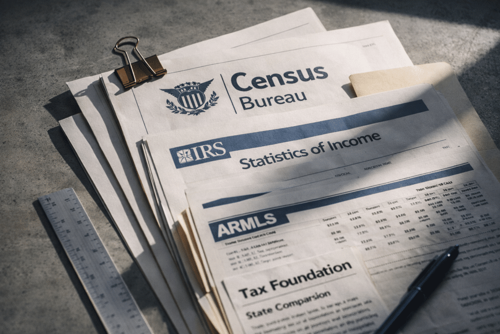 Approved data sources Census IRS ARMLS Tax Foundation for Arizona relocation financial analysis