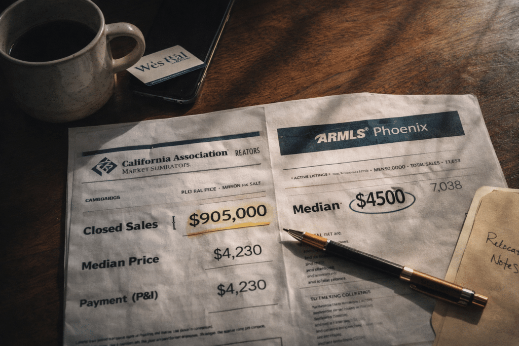 California vs Arizona home price comparison documents on desk for equity gap analysis