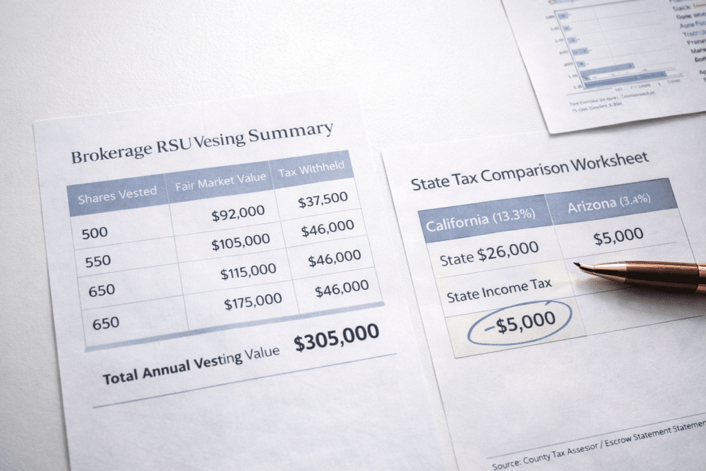 RSU equity compensation tax comparison California 13.3 percent versus Arizona 2.5 percent flat rate Silicon Valley homeowner relocation tax savings