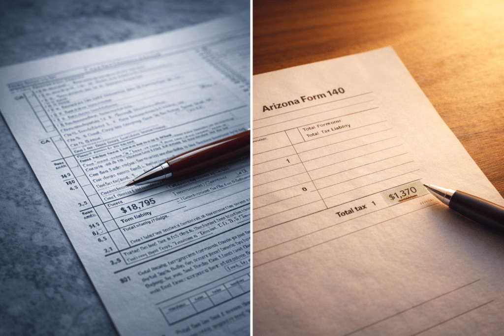California state income tax form versus Arizona Form 140 comparison 13.3 percent versus 2.5 percent flat rate Bay Area homeowner relocation tax differential