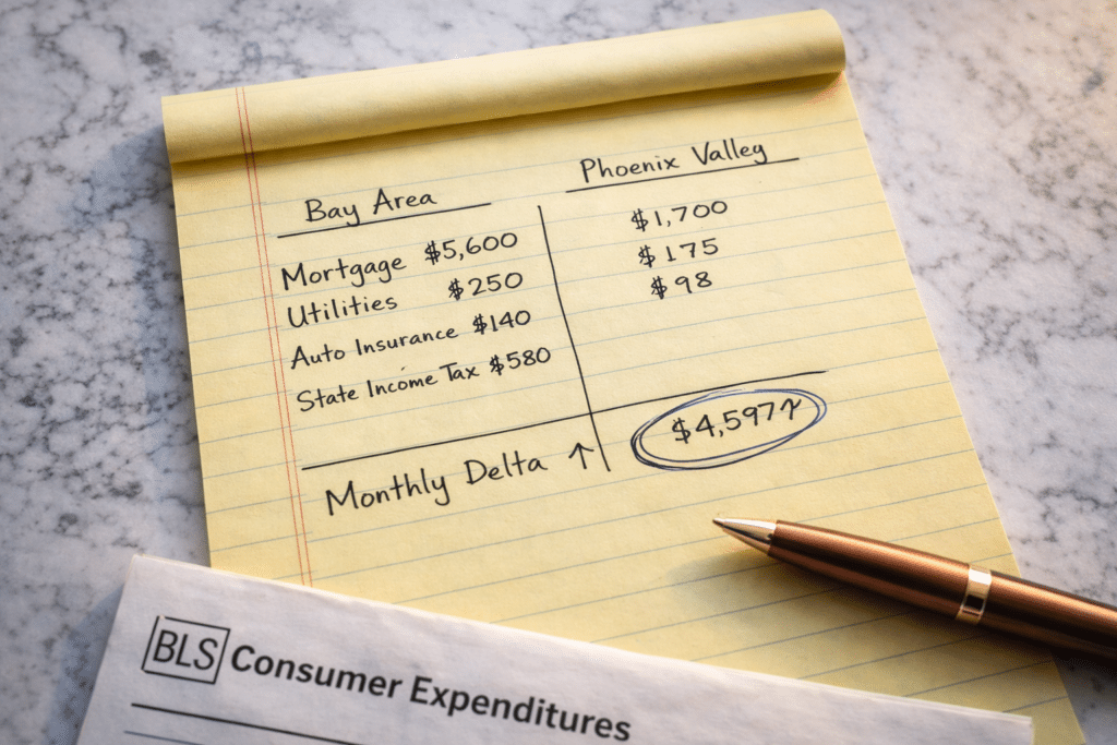 Bay Area versus Phoenix Valley monthly household budget comparison showing mortgage payment savings for relocating homeowner cost of living