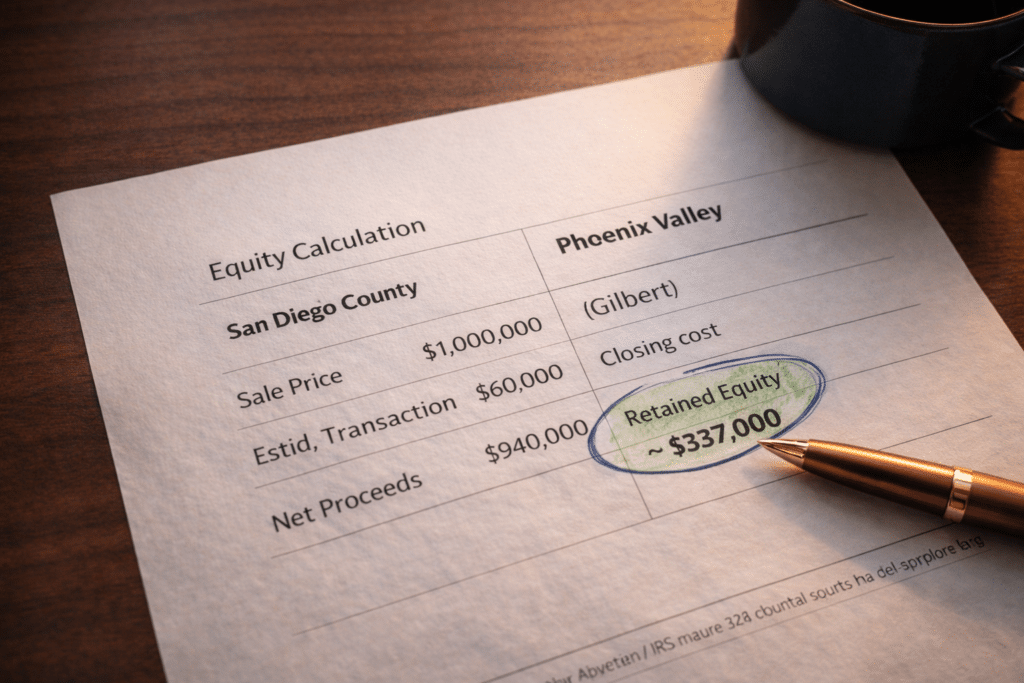 San Diego County to Phoenix Valley equity calculation worksheet retained equity homeowner relocation financial analysis Coastal to Cactus