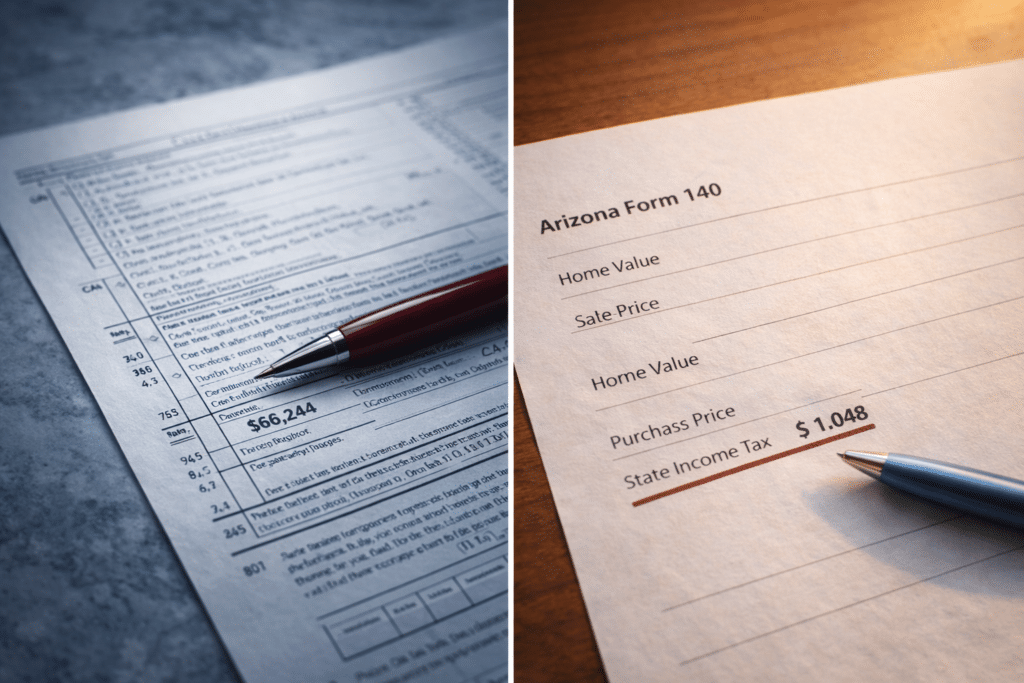 California income tax form versus Arizona Form 140 comparison 13.3 percent versus 2.5 percent state income tax San Diego homeowner relocation