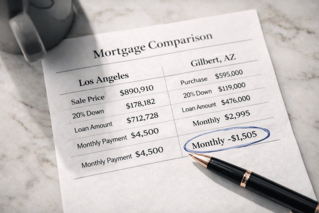 Los Angeles versus Gilbert Arizona mortgage payment comparison monthly savings equity relocation calculation financial planning document