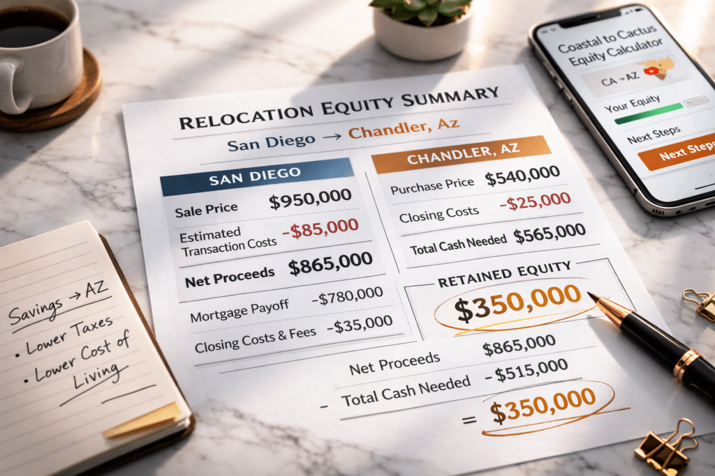 San Diego to Chandler Arizona relocation equity summary retained equity calculation worksheet financial planning guide city pair comparison