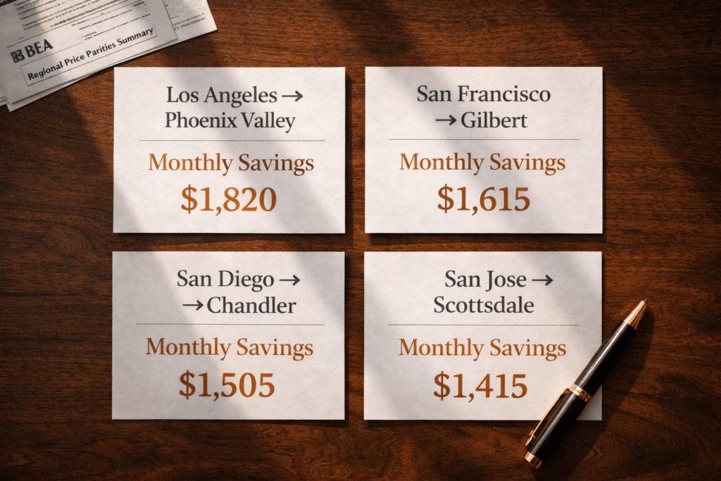 Four California to Arizona city pair cost of living comparison cards Los Angeles San Francisco San Diego San Jose versus Phoenix Valley financial relocation summary Coastal to Cactus guide