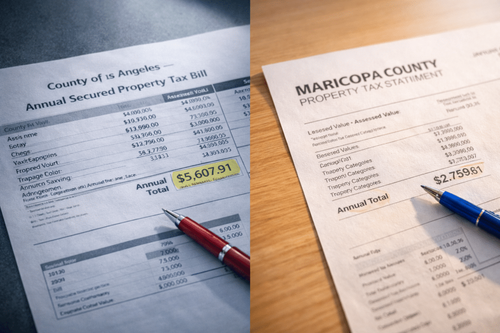 Los Angeles County versus Maricopa County Arizona property tax comparison annual bill savings California to Arizona relocation financial guide