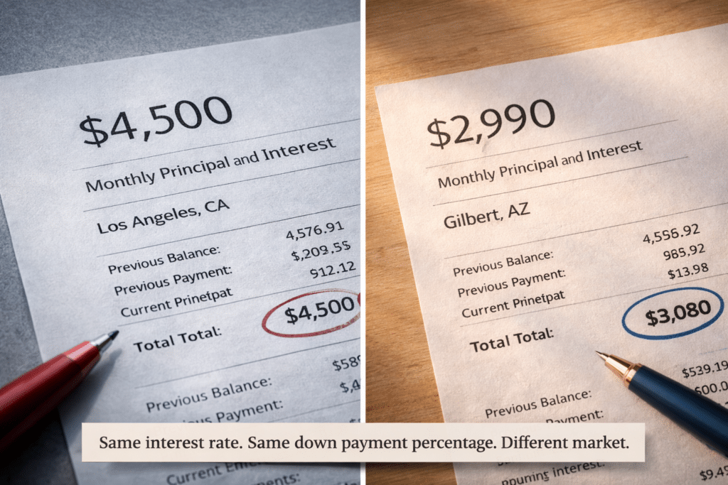 Los Angeles versus Gilbert Arizona monthly mortgage payment comparison principal interest same rate different market equity relocation financial planning California to Arizona