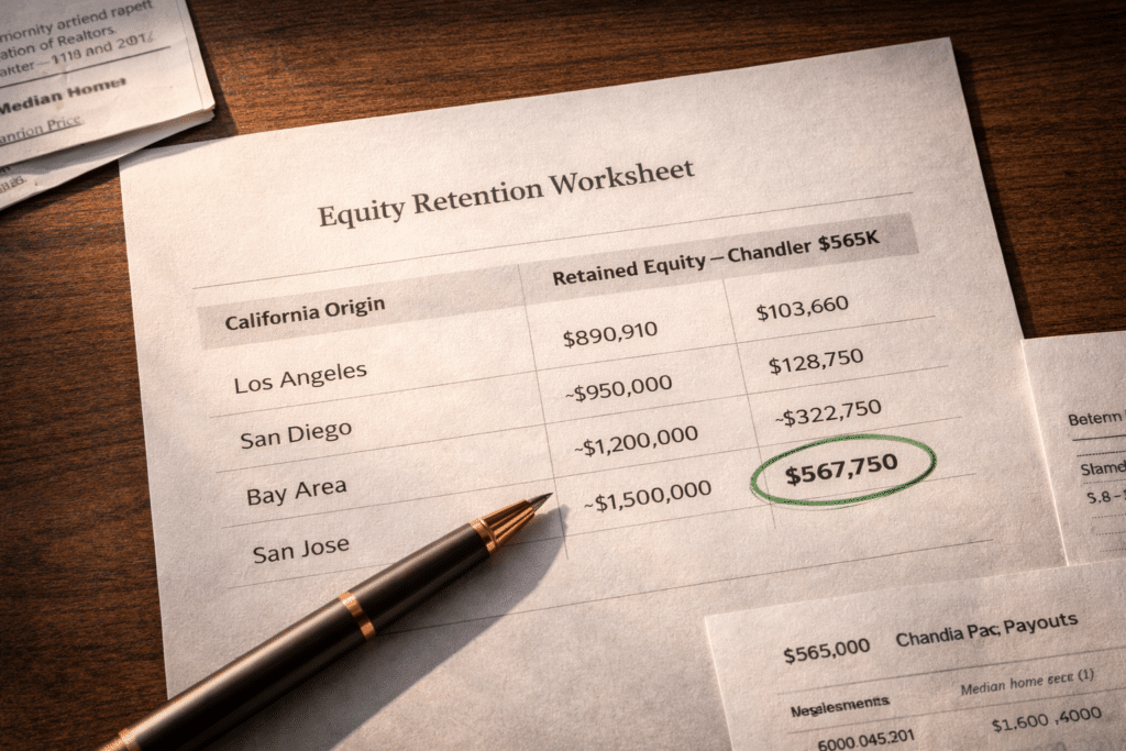 Equity retention matrix California origin markets versus Chandler Arizona median home price comparison worksheet desk