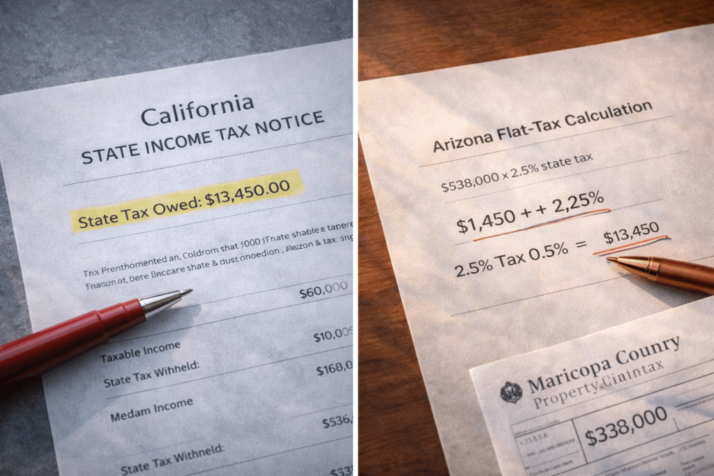 California income tax versus Arizona 2.5 percent flat rate comparison Maricopa County property tax Chandler relocation financial impact