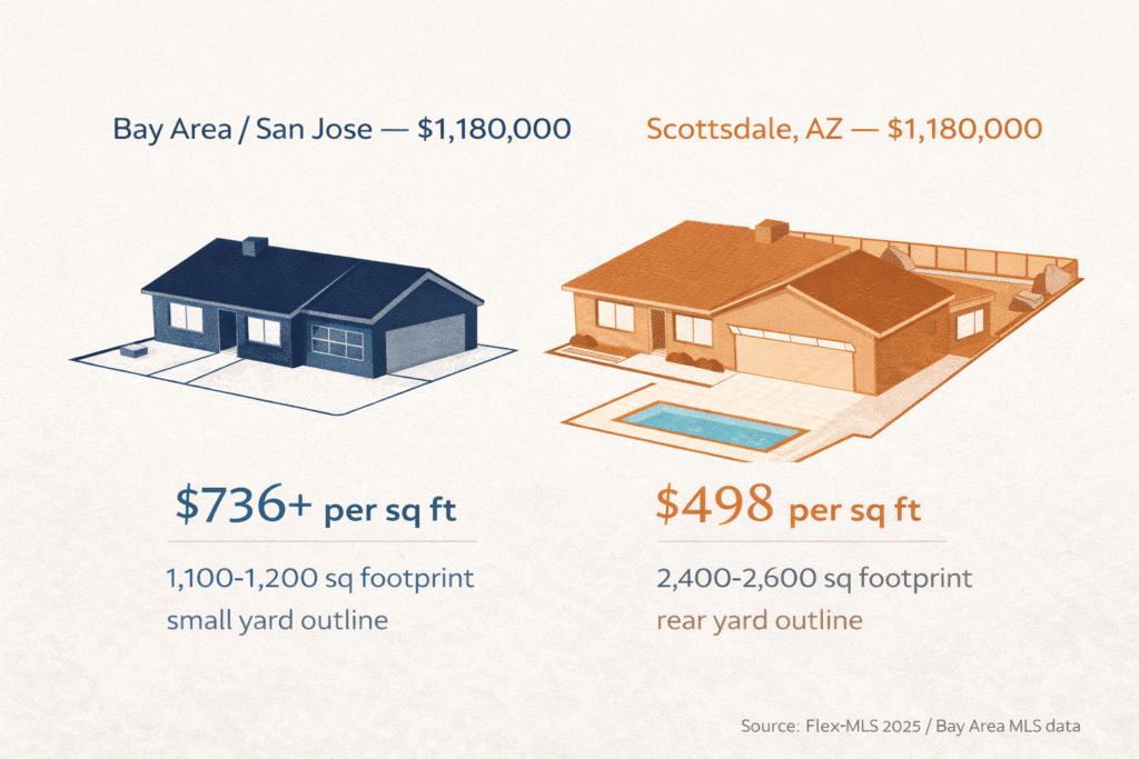 California Bay Area versus Scottsdale Arizona price per square foot comparison infographic $498 versus $736 same purchase price twice the home