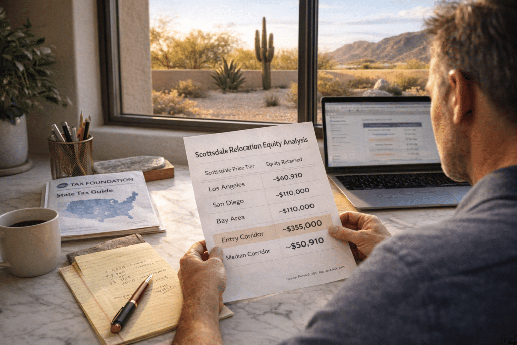 Homeowner reviewing Scottsdale Arizona relocation equity analysis document home office morning light California Bay Area seller financial planning