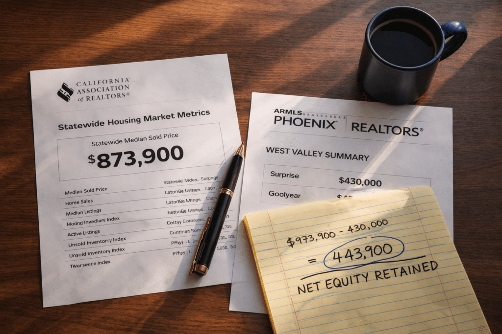 California versus West Valley Arizona median home price comparison equity retained calculation desk ARMLS CAR data Surprise Goodyear