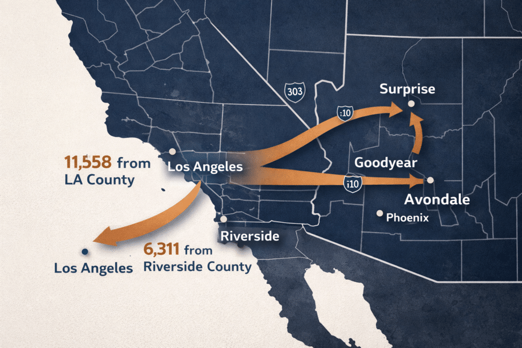 California to West Valley Arizona migration corridor map IRS data LA County Riverside County to Surprise Goodyear Maricopa County relocation flow