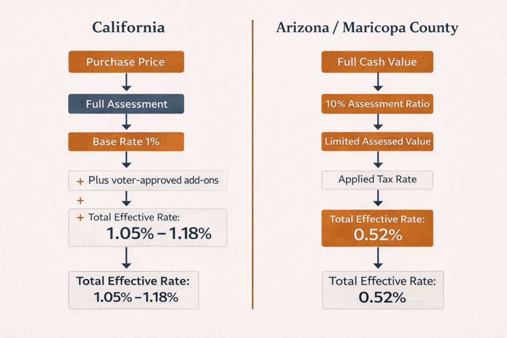California versus Arizona property tax assessment calculation methodology comparison flowchart Maricopa County effective rate 0.52 percent financial guide