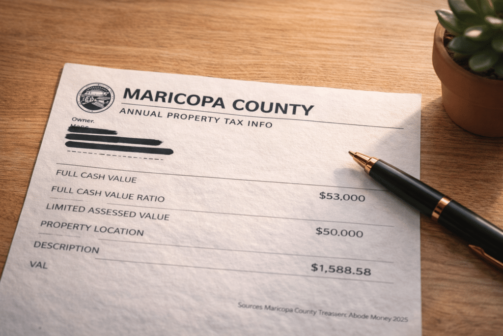 Maricopa County Arizona property tax notice annual bill low effective rate 0.52 percent comparison California relocation financial guide