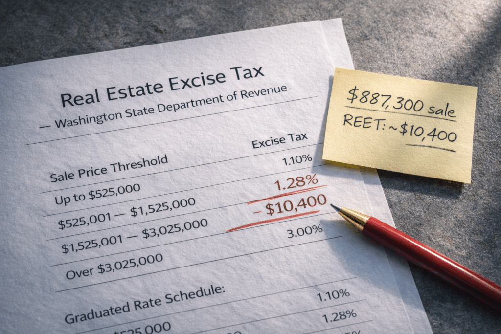 Washington state real estate excise tax REET document showing seller transaction cost for King County home sale equity relocation financial planning