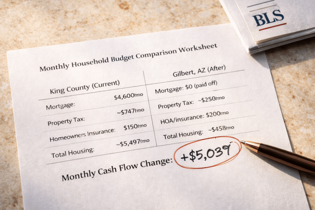 Monthly housing cost comparison King County Seattle versus Gilbert Arizona showing mortgage elimination and cash flow change for equity relocation homeowner financial analysis
