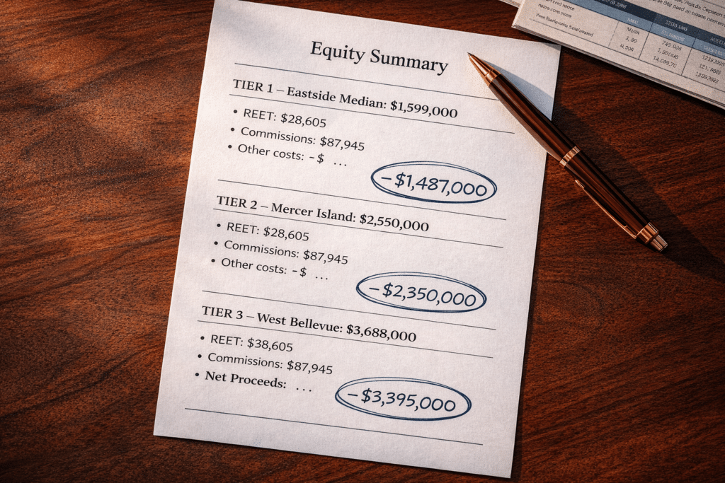 Bellevue Eastside three price tier equity calculation document showing net proceeds REET transaction costs for homeowners relocating to Arizona Phoenix Valley financial analysis