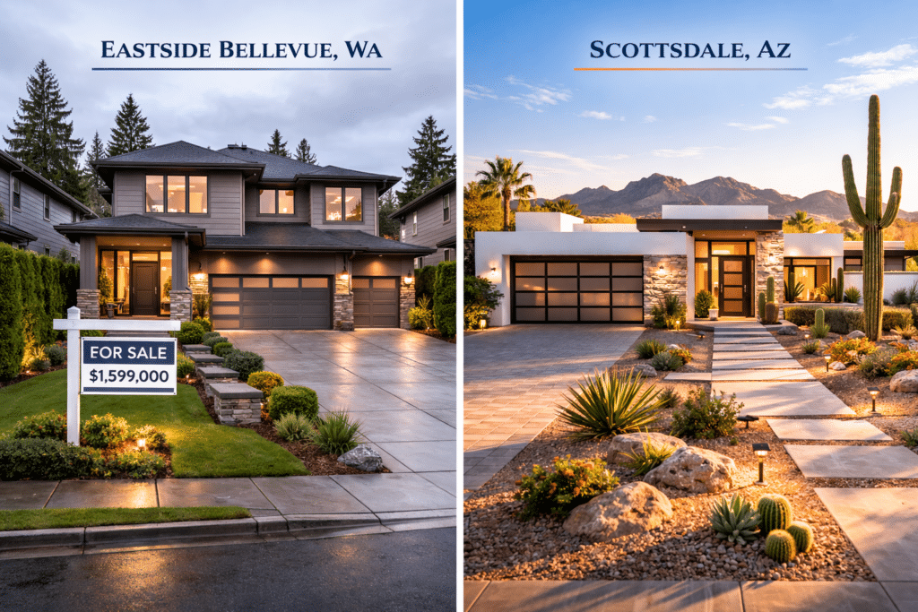 Bellevue Eastside home versus Scottsdale Arizona desert modern home what Eastside equity buys in Phoenix Valley premium market financial comparison