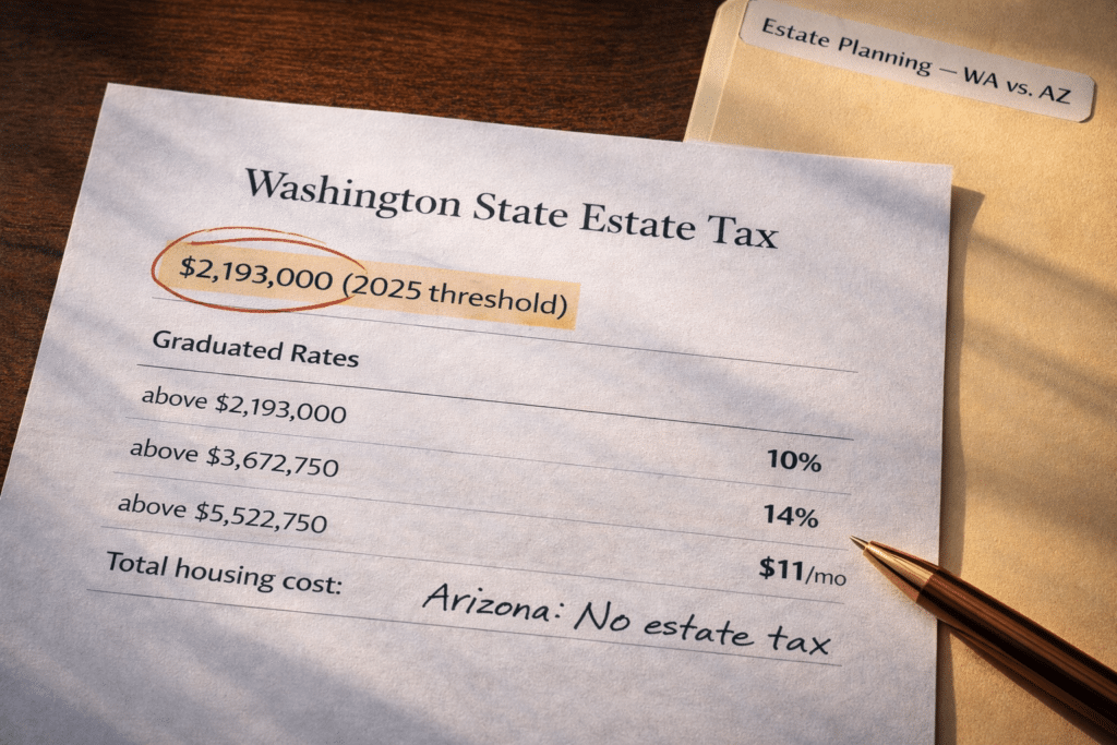 Washington state estate tax threshold document showing $2,193,000 exemption and graduated rates for Bellevue Mercer Island homeowners considering relocation to Arizona financial planning