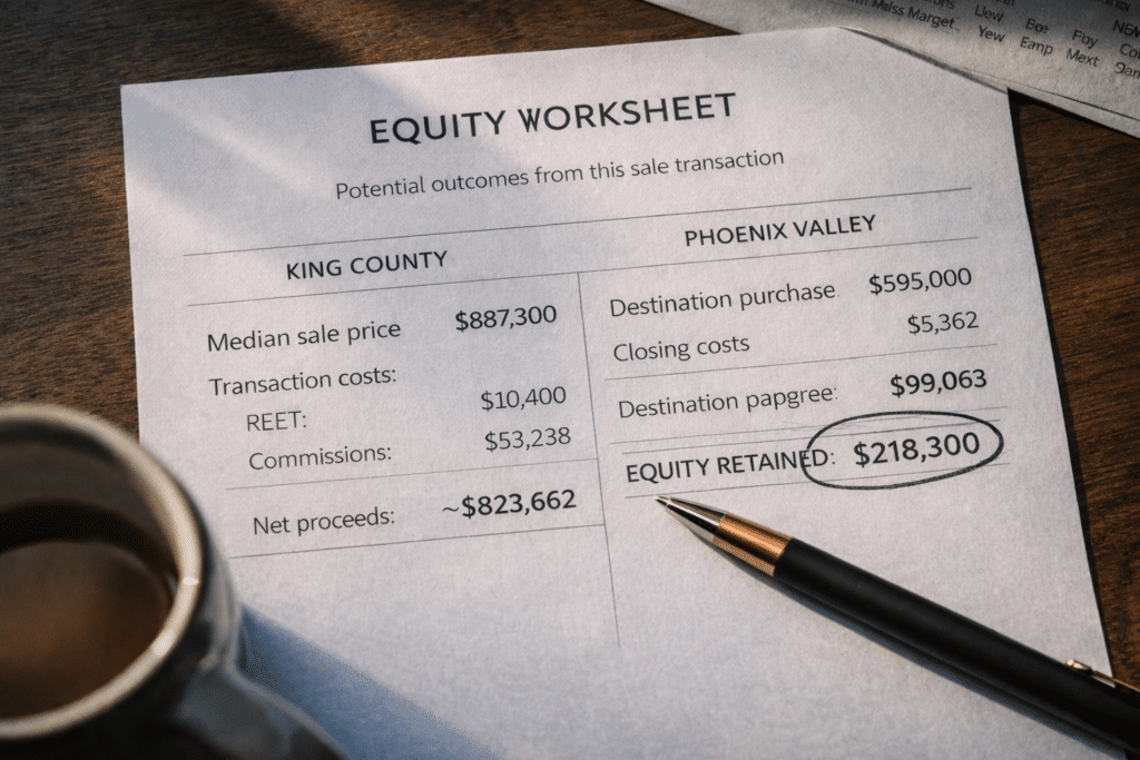 Seattle King County equity calculation worksheet showing net proceeds and retained equity for Arizona relocation homeowner financial analysis
