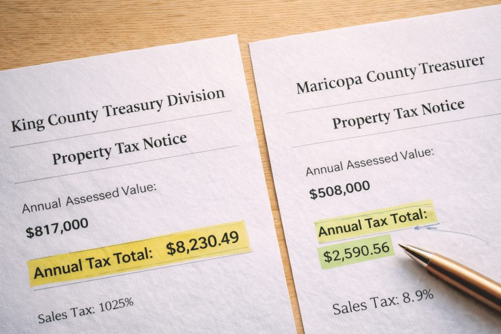 King County Washington property tax notice versus Maricopa County Arizona property tax comparison showing annual savings for relocating homeowner