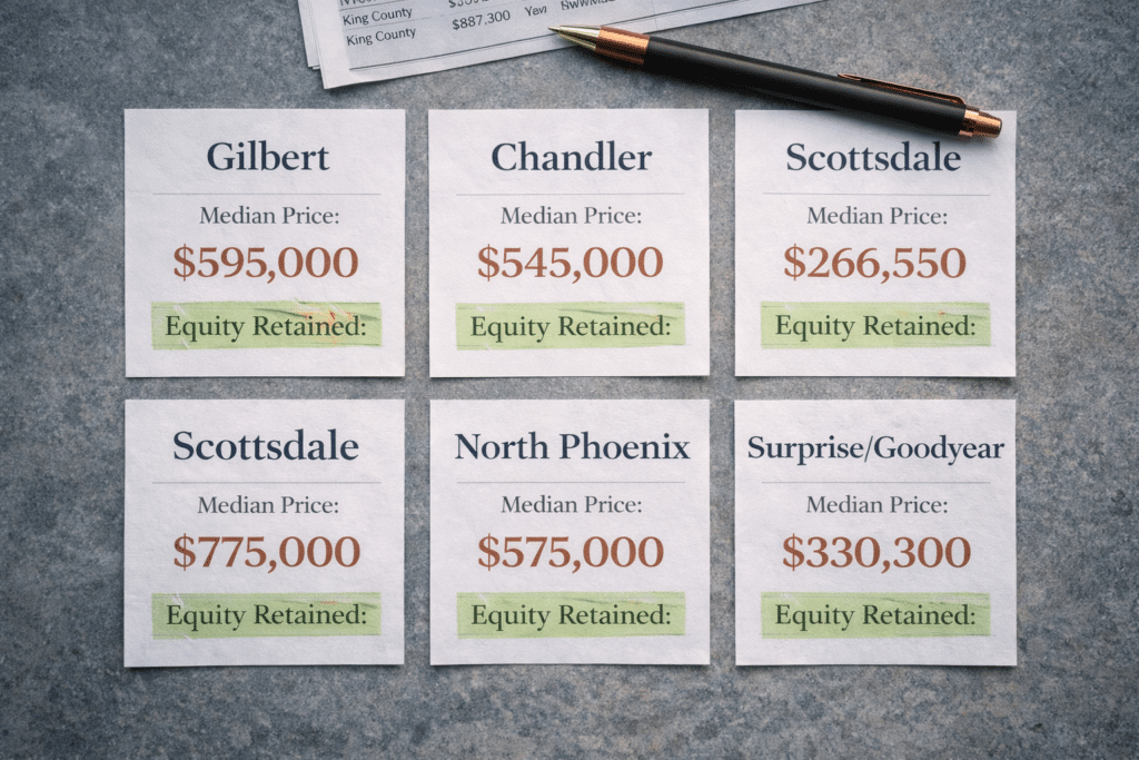 Phoenix Valley destination community comparison cards Gilbert Chandler Scottsdale Mesa showing equity retained for Seattle King County home sellers relocating to Arizona