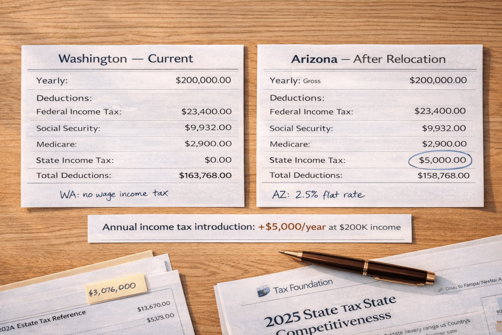 Washington versus Arizona state income tax comparison paycheck stubs zero Washington wage tax versus 2.5 percent Arizona flat rate household annual financial impact relocation planning