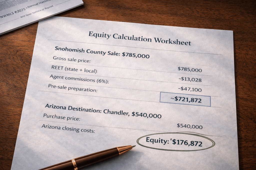 Snohomish County equity calculation worksheet showing REET net proceeds and retained equity for Chandler Arizona zero-mortgage relocation purchase financial analysis