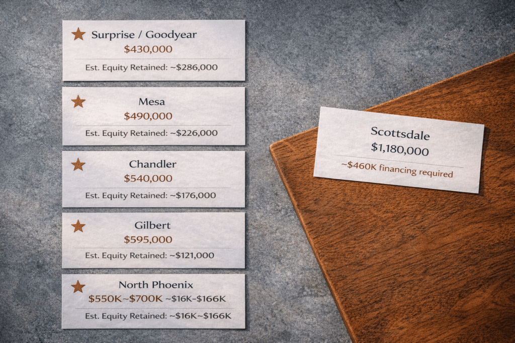 Phoenix Valley destination community cards showing Snohomish County zero-mortgage equity retained for Gilbert Chandler Mesa Surprise compared to Scottsdale financing requirement homeowner relocation analysis