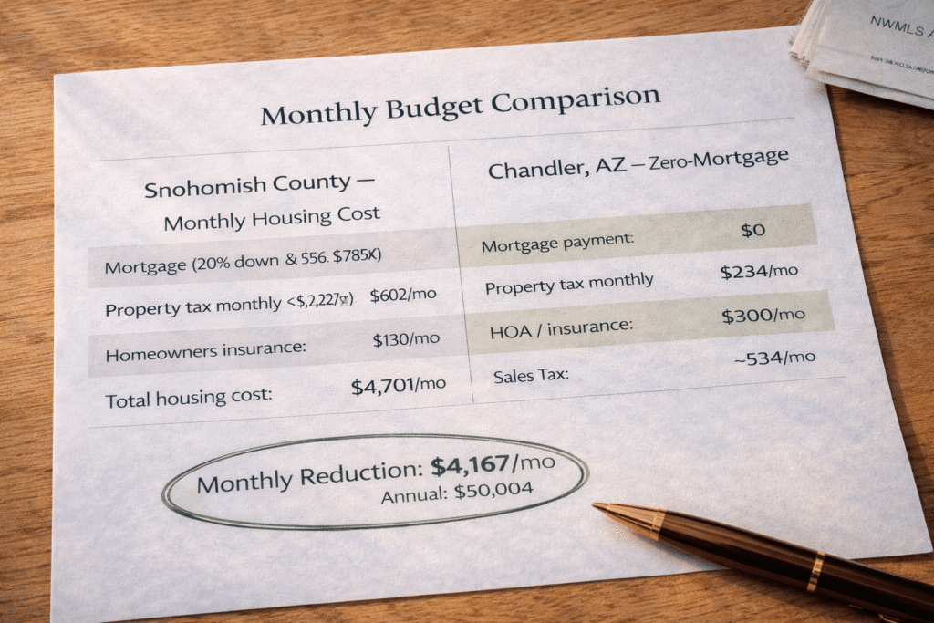 Monthly housing cost comparison Snohomish County Washington mortgage versus Chandler Arizona zero mortgage payment elimination annual savings homeowner equity relocation financial analysis