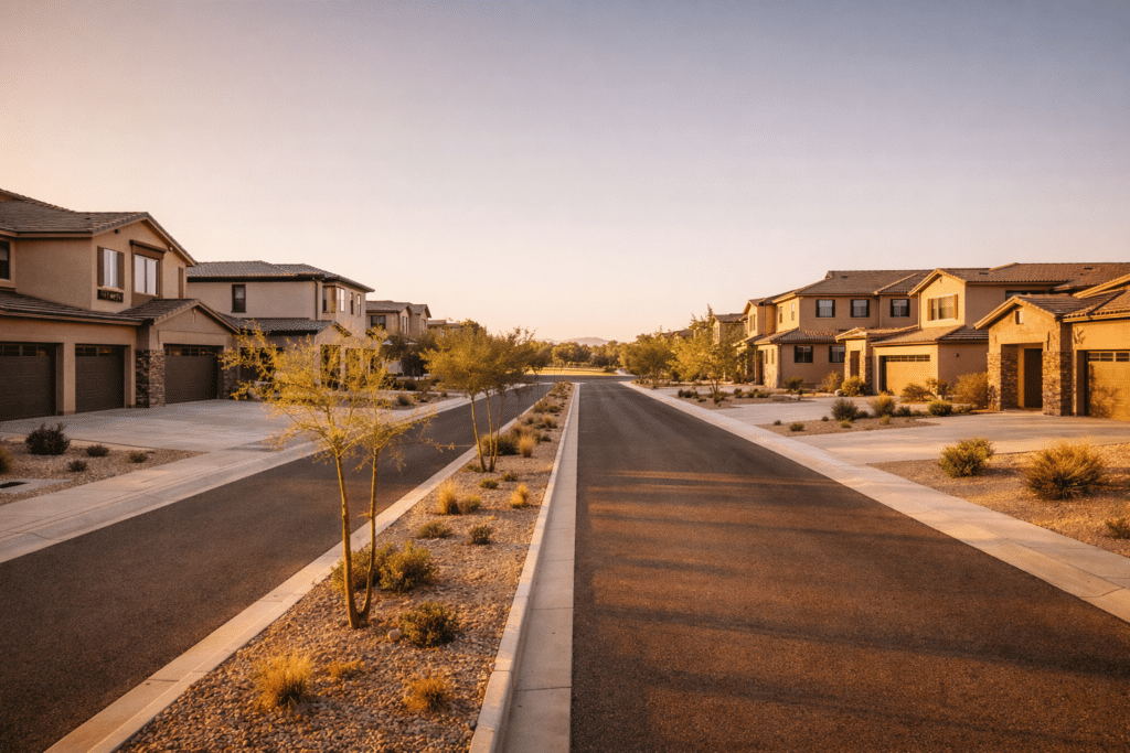 Mesa Arizona new residential street master planned community homes desert landscaping three-car garage Phoenix Valley equity destination guide
