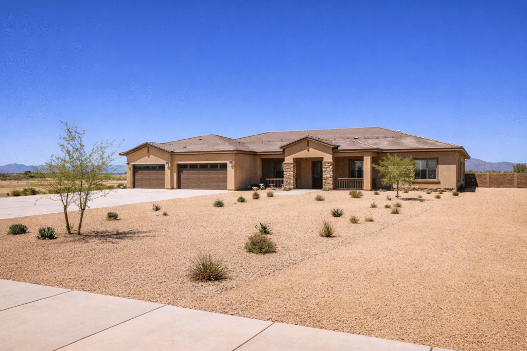 Surprise Goodyear Arizona West Valley new single-story home large lot xeriscape landscape mountain view blue sky Inland Empire equity destination Phoenix Valley