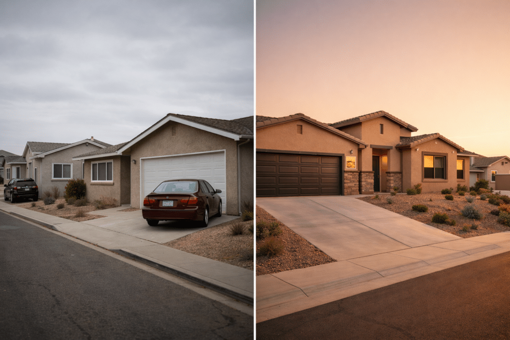 Riverside California ranch home compared to new Arizona single-story home side by side lot size space square footage equity relocation comparison