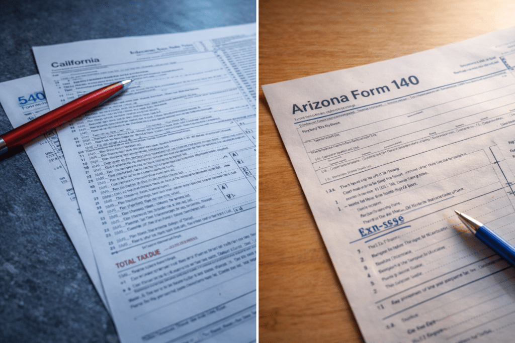 California Form 540 income tax return compared to Arizona Form 140 income tax return state income tax comparison financial relocation savings Riverside County