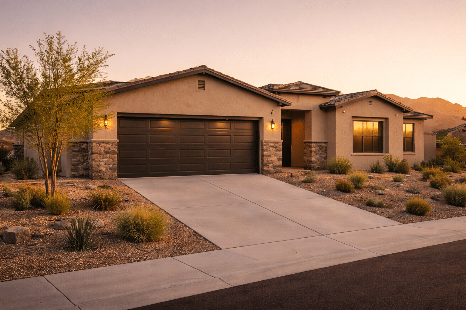 New Arizona home Gilbert desert-modern three-car garage xeriscape landscaping mountain view golden hour Riverside equity destination guide Phoenix Valley