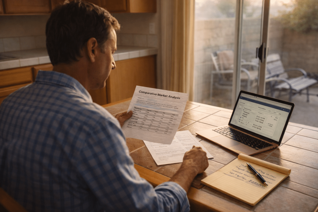 Homeowner reviewing financial documents kitchen table Riverside California home interior comparative market analysis laptop relocation equity decision