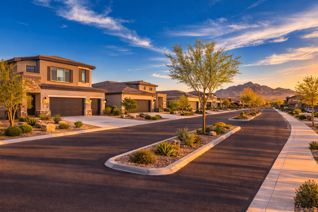 Mesa Arizona new residential street wide boulevard homes xeriscape desert landscaping blue sky three car garage Phoenix Valley equity destination guide