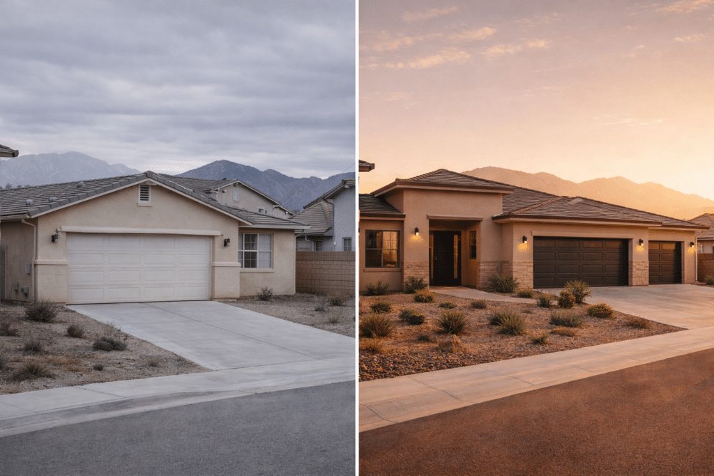 San Bernardino County tract home versus new Arizona east Valley home comparison lot size space square footage exterior equity relocation diptych