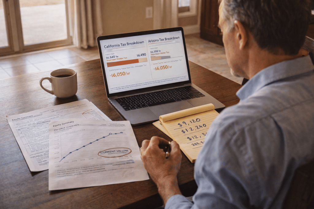 Homeowner reviewing equity documents dining table San Bernardino County interior laptop tax comparison legal pad financial analysis relocation decision