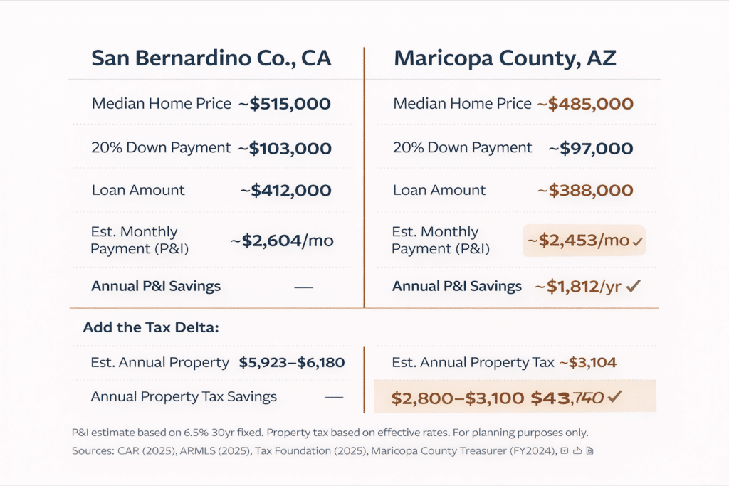 San Bernardino County California versus Maricopa Arizona home price mortgage payment property tax comparison infographic financial relocation analysis