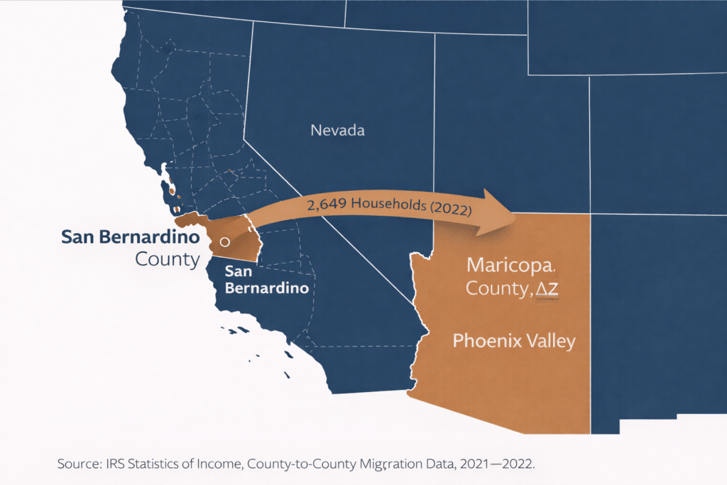 San Bernardino County California to Maricopa County Arizona migration map IRS data 2022 household relocation volume inland empire to phoenix valley