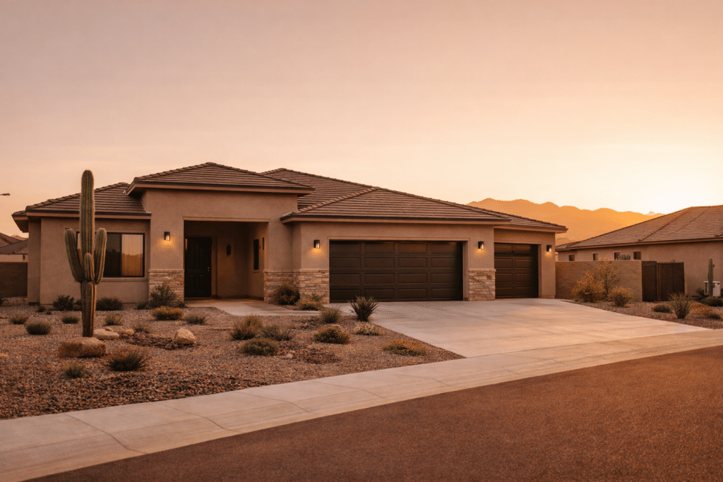 New Arizona home Gilbert desert-modern three-car garage xeriscape saguaro mountain view golden hour east Valley San Bernardino County equity destination
