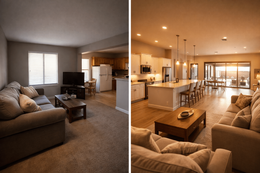 Inland Empire California compact home interior compared to new Arizona Phoenix Valley open-concept home square footage equity upgrade comparison