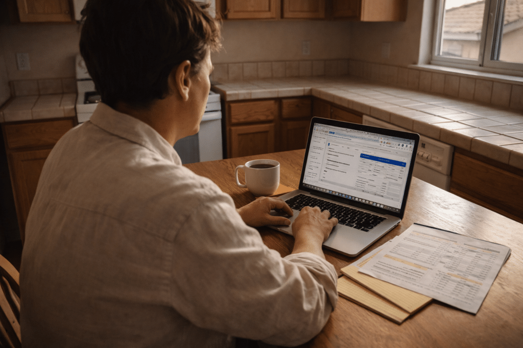 Homeowner Inland Empire California kitchen table laptop financial research relocation decision planning equity calculation