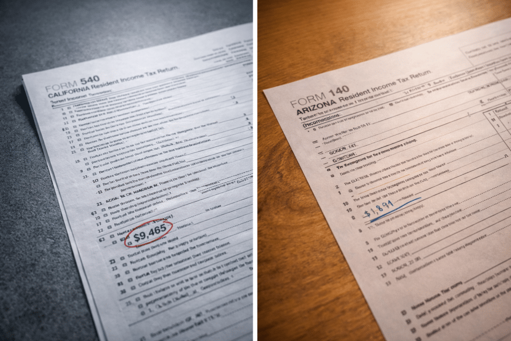 California Form 540 income tax return compared to Arizona Form 140 tax return state income tax comparison financial relocation savings