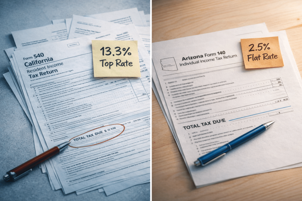 California Form 540 income tax versus Arizona Form 140 flat rate comparison state income tax diptych financial analysis Inland Empire homeowner relocation